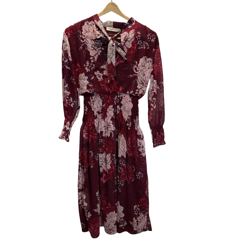 bishop + young Wine Floral Long-Sleeve Tie-Neck Midi Dress